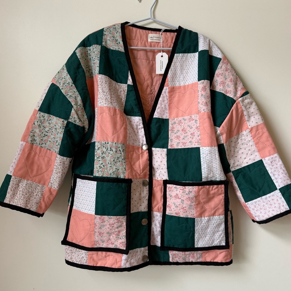⭐️ 1. Handmade Upcycle Quilt Jacket -SHORT- Heart stitched Doily Vintage Cotton